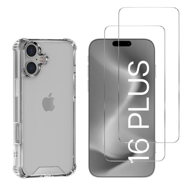 Stötsäker skal för iPhone 16 PLUS och 2 härdade glas skärmskydd Phonillico®