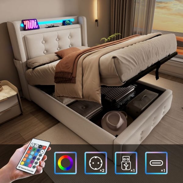 Sänky 90x200 - MUVOE - LED-pääty - USB-lataus - Beige - Puuvilla