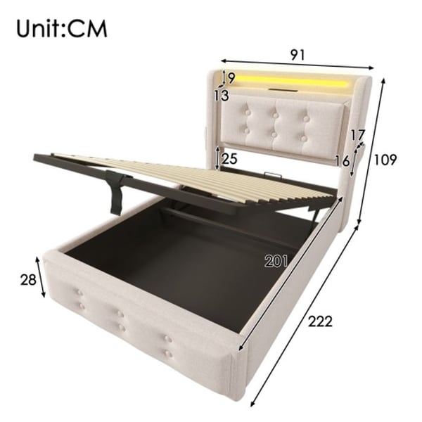 Seng 90x200 - MUVOE - LED hovedgærde - USB-oplader - Beige - Bomuld
