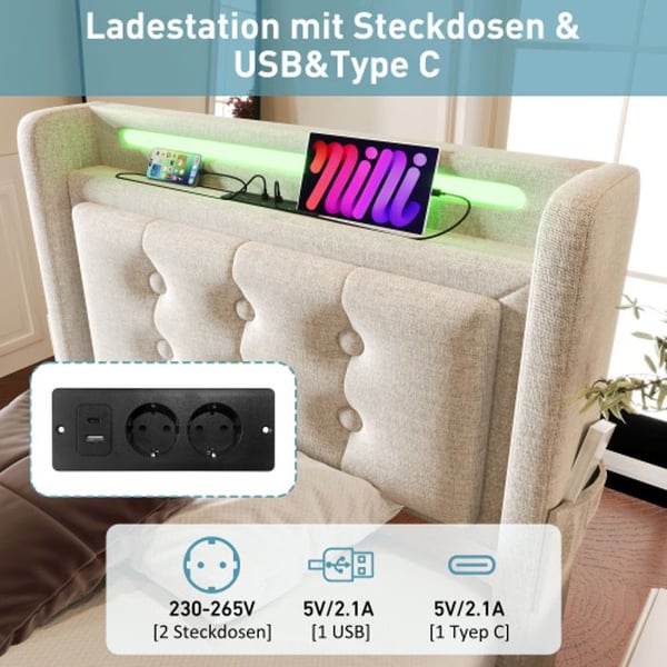 Seng 90x200 - MUVOE - LED hovedgærde - USB-oplader - Beige - Bomuld