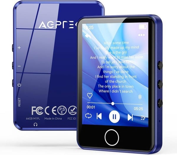 AGPTEK 64GB MP3-spelare, Bluetooth 5.3 MP3-spelare, 2,8 tums full pekskärm, Inbyggd högtalare, HiFi-ljudkvalitet, Blå