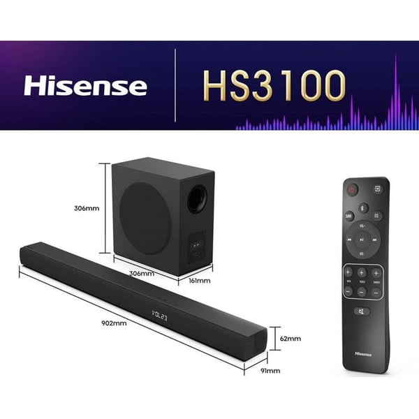 Soundbar - HISENSE - Trådløs subwoofer - Bluetooth - 3.1 CH - Max 480 W