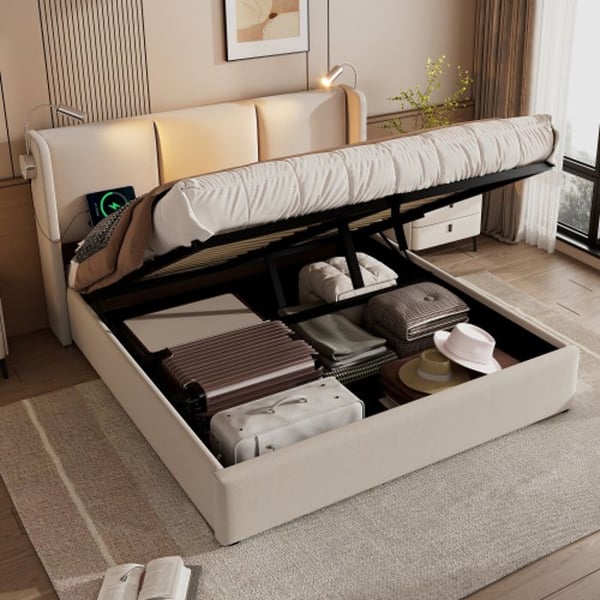Dobbelt polstret seng - MUVOE - 140x200 - USB-oplader - Hovedgærde med lampe - Opbevaringsplads