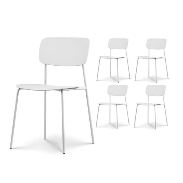 Set med 4 vita stolar i minimalistisk design i metall och resin.