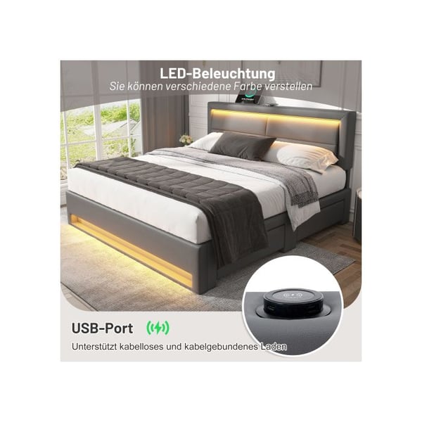 Verhoiltu sänky - MUVOE - 140x190 cm - USB - LED-valaistus - 4 säilytyslaatikkoa