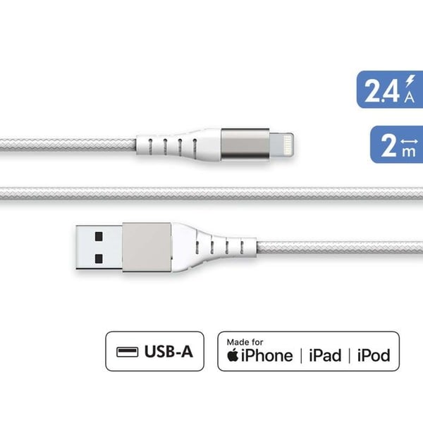 Förstärkt USB A/Lightning-kabel 2m - 2,4A Vit Force Power Vit