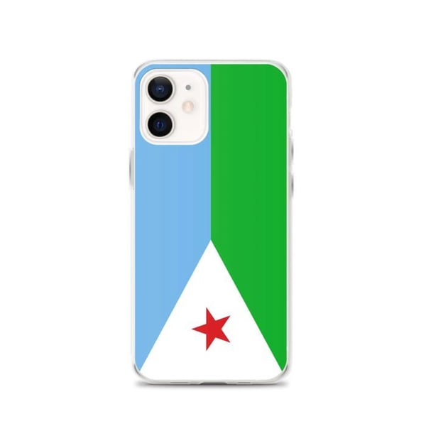 Telefonfodral – Djiboutis flagga – Kompatibel med iPhone 12 – Mjuk fodral – Hållbar och stötsäker – Silikon – Pixelforma