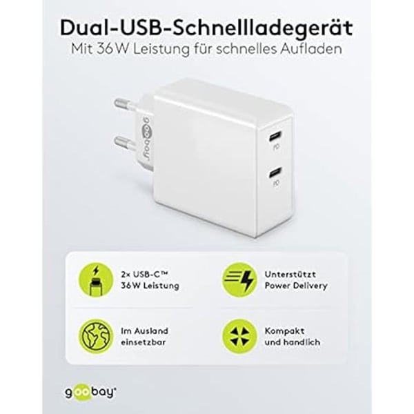 goobay 61758 Dubbelport USB-C-laddare 36W / Snabbladdare PD / Universal USB-strömförsörjning / Laddningsanslutning / Snabbladdare för