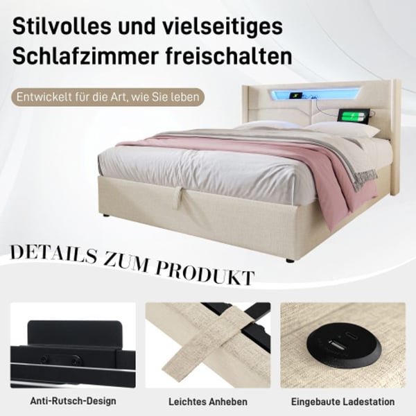 Opbevaringsseng - 160x200 - LED-belysning - USB-port - Moderne design
