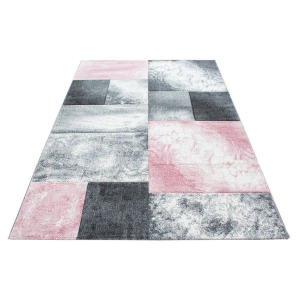 Kortluggad matta, Rutigt mönster, Färg Rosa, Matta för Vardagsrum, Jutebaksida (Dimension: 140X200 cm)