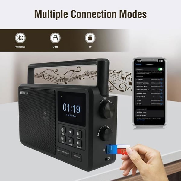 Retekess TR640 Radio Internet, Digital Dab Radio Bärbar, Digital FM Radio, Trådlös Anslutning, Extern Antenn, Lämplig för Entusiaster