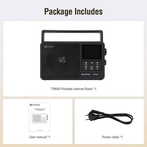 Retekess TR640 Radio Internet, Digital Dab Radio Bärbar, Digital FM Radio, Trådlös Anslutning, Extern Antenn, Lämplig för Entusiaster