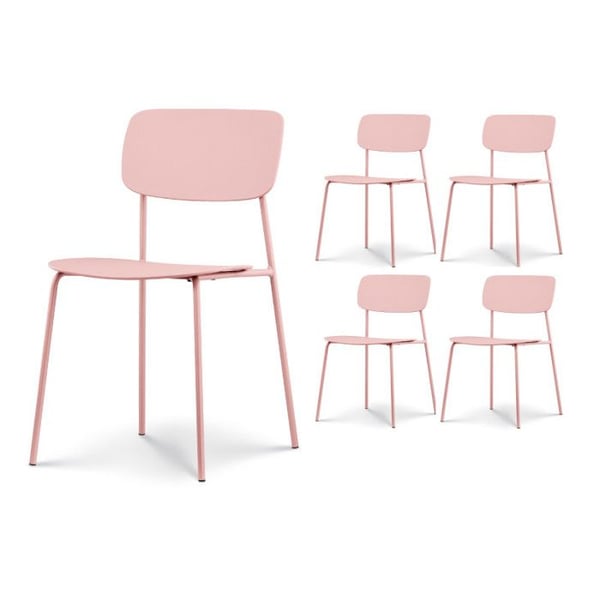 Set med 4 puderrosa stolar med minimalistisk design i metall och plast.