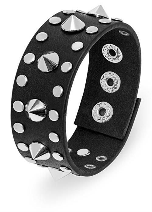 Armband - Troli - Svart läder - Nitar i stål - Längd 22 cm