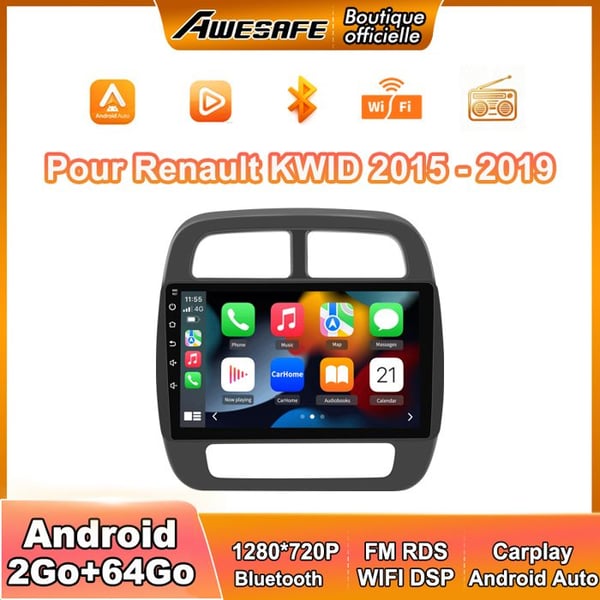 AWESAFE Bilradio Android 13 2Go+64Go för Renault KWID (2015-2019) 10'' Pekskärm Carplay GPS Android Auto