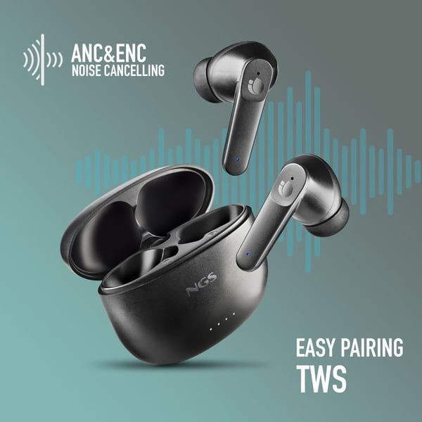NGS ARTICA HUSH TWS-hörlurar Bluetooth 5.3, ANC+ENC, 16h autonomi, touchkontroll, USB-C. Immersiv ljudkvalitet och kompakt design.