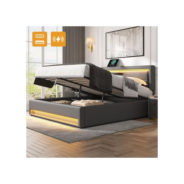 Polstret seng - MUVOE - 140x190 cm - USB-port - LED-belysning - Indbygget opbevaring