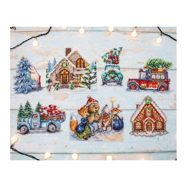 Kit för korsstygn - LetiStitch L8051 - Juldekorationer 7 delar - 15x15 cm - 56 färger