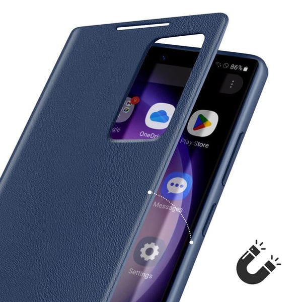 Fönsteretui - Samsung - Galaxy S23 Ultra - Mörkblå Läder - Kortfack - Magnetisk Stängning