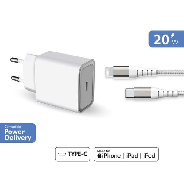 Strömadapter - Force Power Lite - Laddare 20W - USB C/Lightning - Snabbladdning - Återvunnen plast