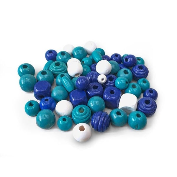 MégaCréa DIY - Träpärlor 0,5 till 2 cm Assortiment blå 50 stycken