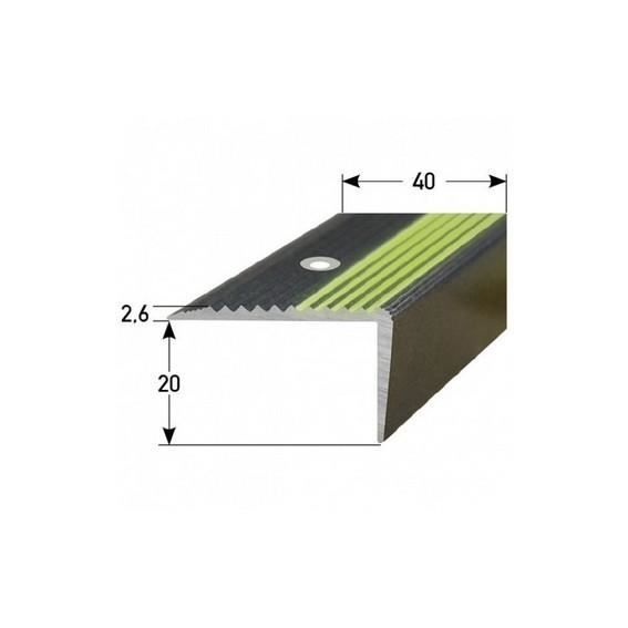 Trappnos | Vinkel 20 mm x 40 mm | aluminium | speciell finish | fotoluminescerande | Färg: grön| Längd: 2700mm