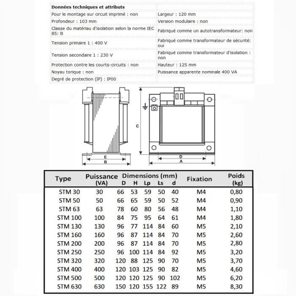 Enfastransformator STM 400VA 400/230V IP00 isolering eller säkerhetstransformator med enkammarhus
