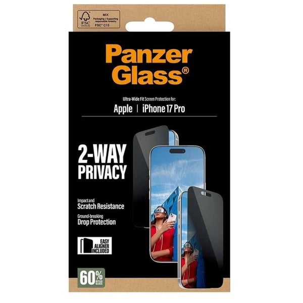 Hærdet Glas - PANZER GLASS - iPhone 17 Pro - Privatliv 2-Vejs - Ultra Bred Pasform - Stødabsorberende
