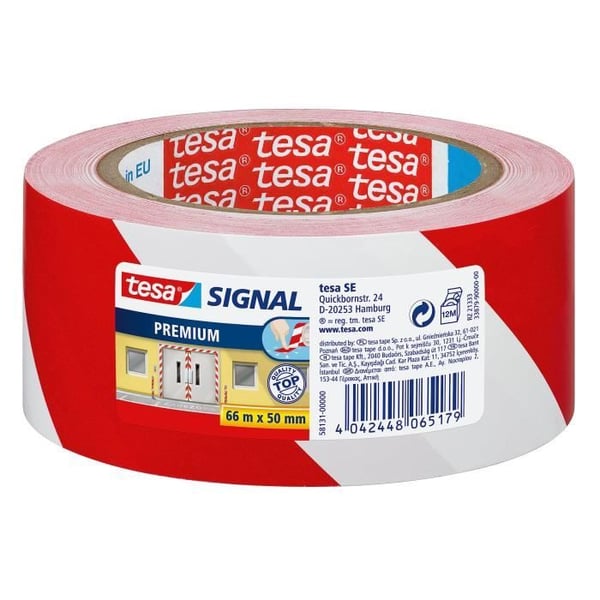 Självhäftande signaltejp - TESA - 66 m x 50 mm - Röd och vit