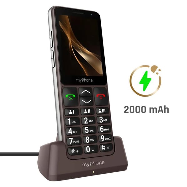 Telefon Senior med minnesknappar, autonomi 18 dagar, laddningsstation myPhone, Brun