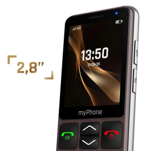 Telefon Senior med minnesknappar, autonomi 18 dagar, laddningsstation myPhone, Brun