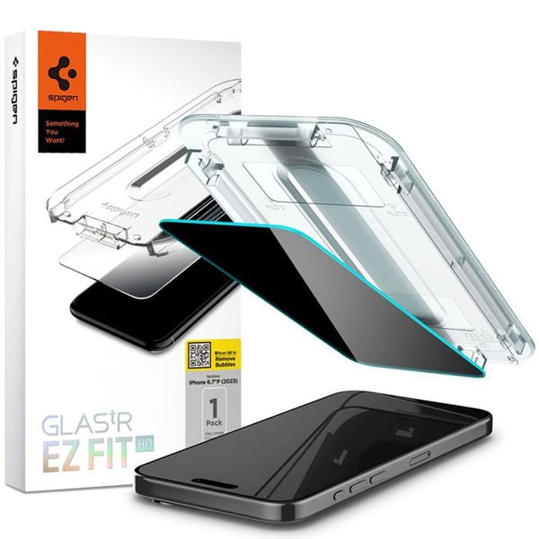 Spigen GLAS.TR EZ FIT Privacy - Härdat glas med sekretessfilter för iPhone 15 Pro Max