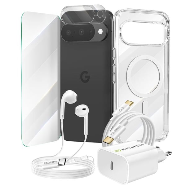 Essentiellt paket för Pixel 10 Fodral, Glas, Laddare, hörlurar (6 delar) Mayaxess Transparent
