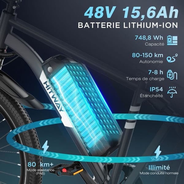HITWAY Elcykel 29", Aftageligt batteri 48V15,6Ah, 7 gear, Rækkevidde 80-150km, El mountainbike, By E-bike til voksne