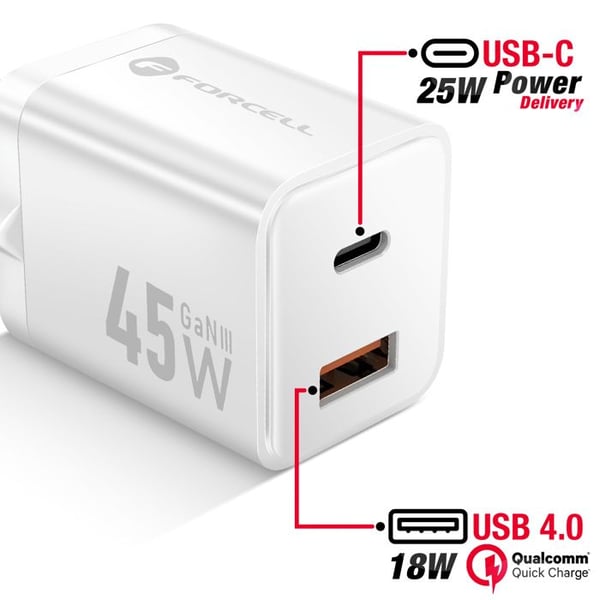 Laddare - FORCELL - Forcell - 45W - GaN III - USB-C och USB-A