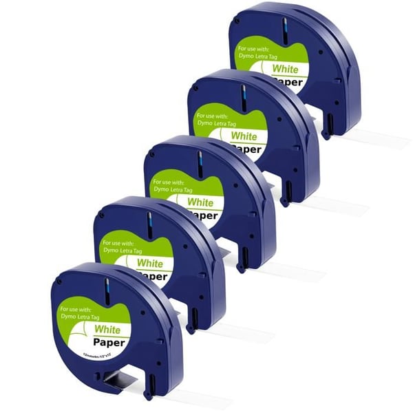 Vit vita - Phonillico® - Kompatibel med Dymo LetraTag - 5 stycken - 12 mm x 4 m - Papper