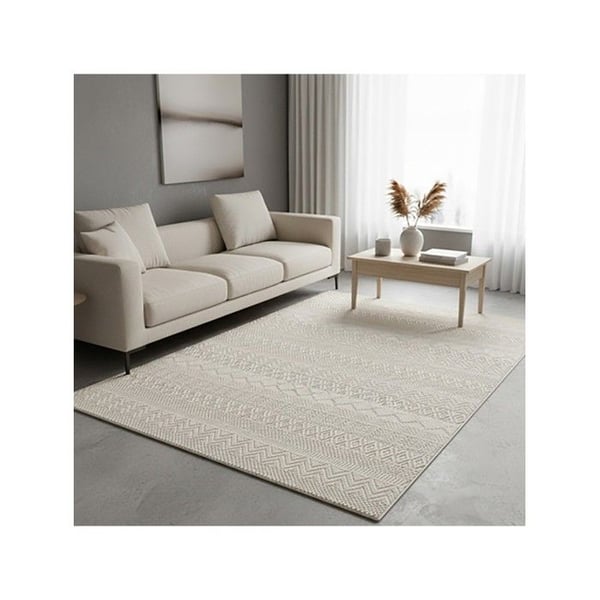 Modern tvättbar halkfri matta med etnisk mönster i krämfärgad mjuk sammet 12 mm för vardagsrum (Dimension: 160x230 cm - Färg: Kräm)