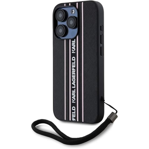 Karl Lagerfeld PU Saffiano Athleisure Stripe och Rem Baksida för iPhone 15 Pro Rosa