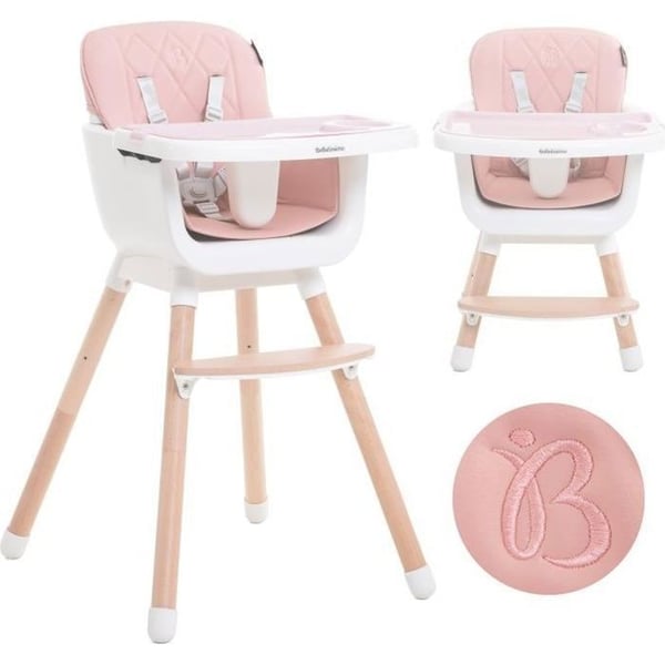 BEBELISSIMO - Barnstol - Skalbar - Justerbar - Trä - 2 på 1 - 6 månader till 5 år - rosa