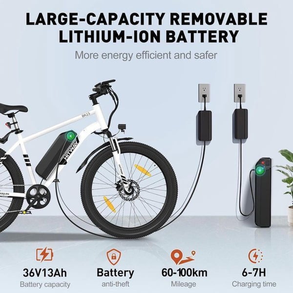 HITWAY Elektrisk Cykel 27.5", Avtagbart Batteri 36V13Ah, 7 Växlar, Räckvidd 60-100km, Elektrisk MTB, Stad E-cykel Vuxen, Vit