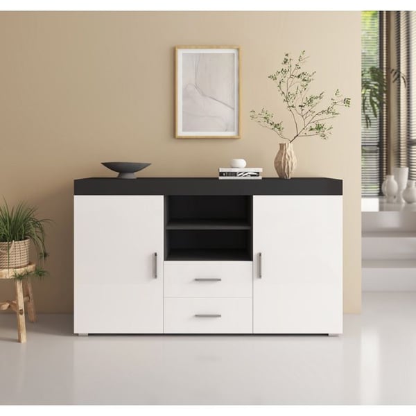 DESIGN AMEUBLEMENT - Modernt sideboard - Blank melamin svart/vitt - 2 dörrar 2 lådor - 140x40x80 cm
