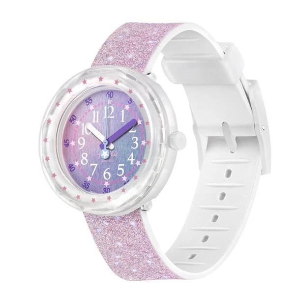 Flik Flak Pearlaxus - Barnklocka unisex i glittrande rosa silikon, transparent ur med stjärnor