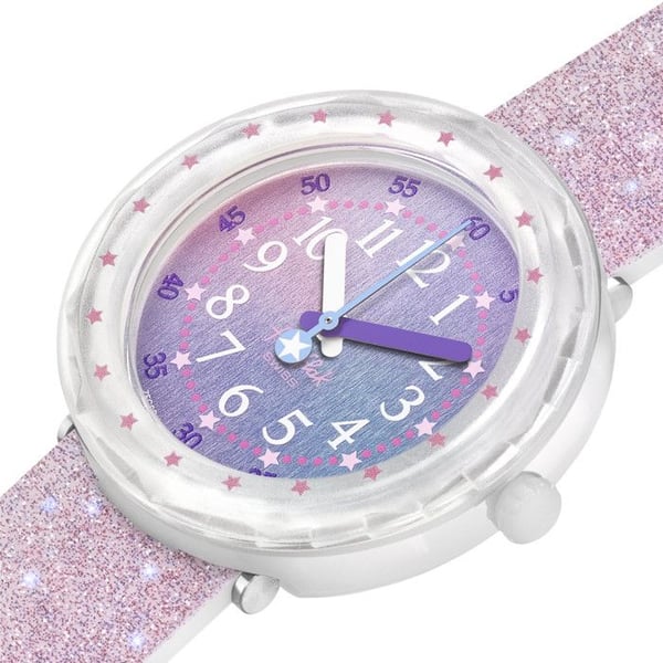 Flik Flak Pearlaxus - Barnklocka unisex i glittrande rosa silikon, transparent ur med stjärnor