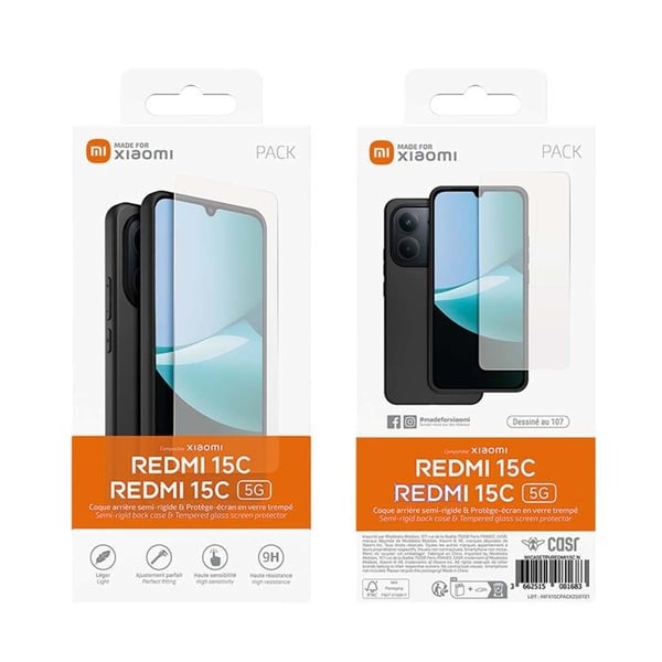 Skyddspaket - Redmi 15C - TPU-fodral - Härdat glas 9H - Transparent svart