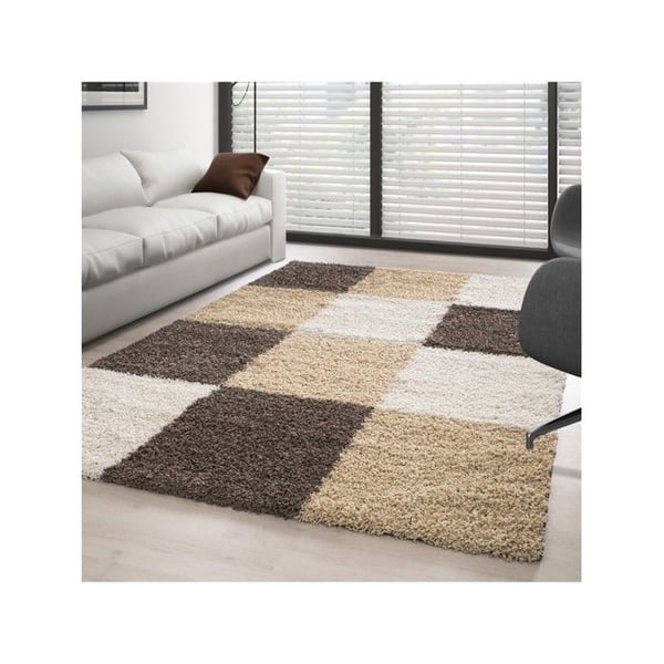 Tapis Shaggy lång pile rutig i flera färger och storlekar att välja mellan (80x250 cm - Brun-Vit-Beige)