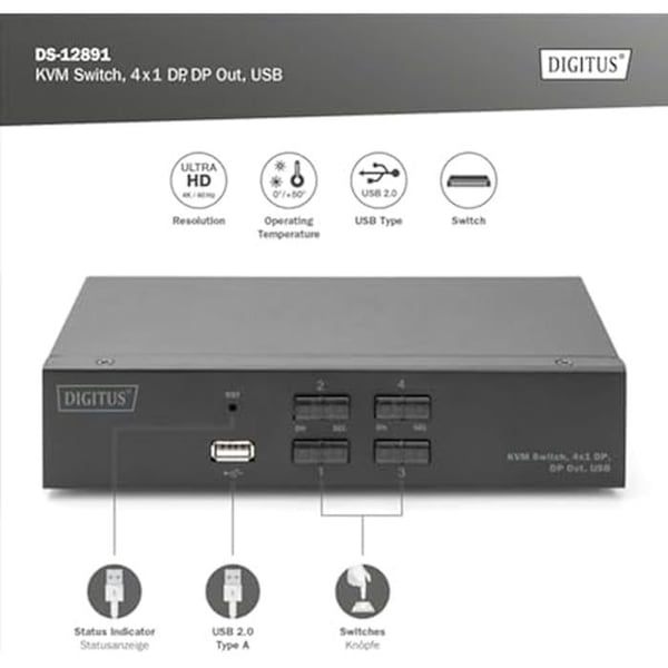KVM-switch - DIGITUS - 4-portars enkel skärm - 4K UHD - ljud & USB - Kompatibel med alla system