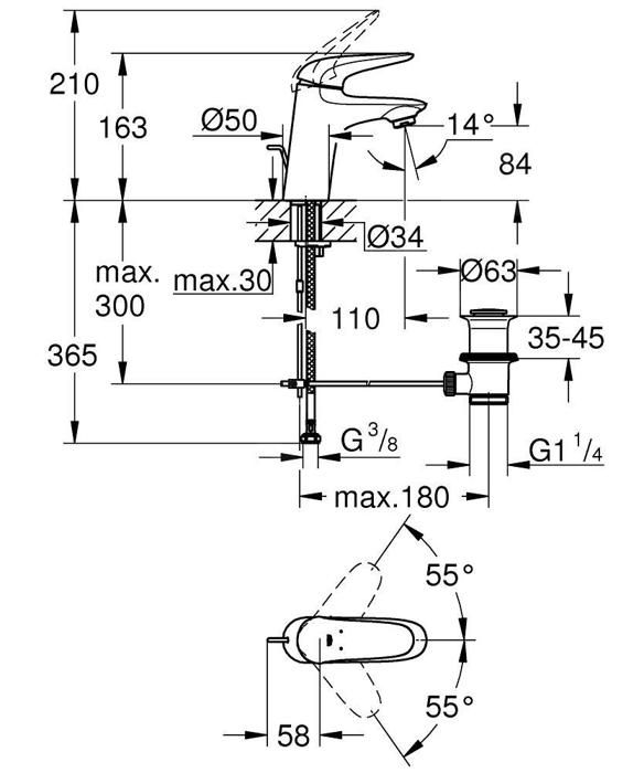 Vaskeblandingsbatteri - GROHE - Wave - Krom - Enkelt hul - Vandbesparelse
