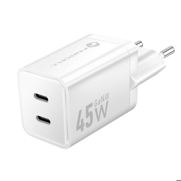 Väggladdare - FORCELL - 45W - Dubbel USB-C - GaN III - Ultra-kompakt Vit