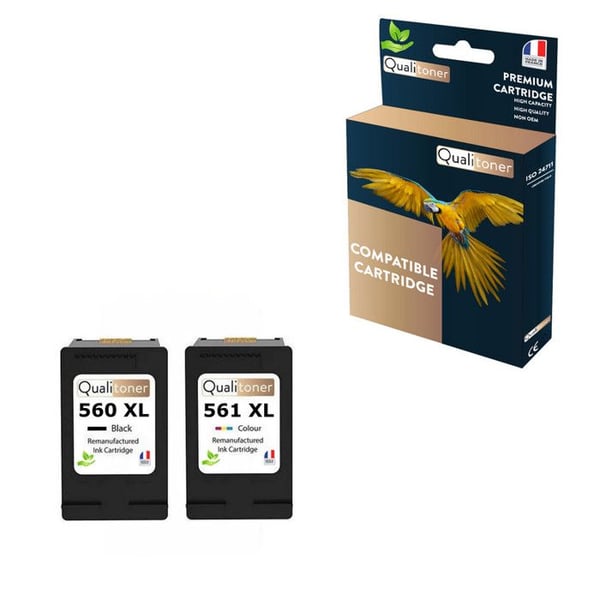 PG 560 + CL 561XL tillverkad i Frankrike, 2 återvunnen bläckpatron för CANON PG560 + CL561 XL Svart / Färg kompatibel med Pixm