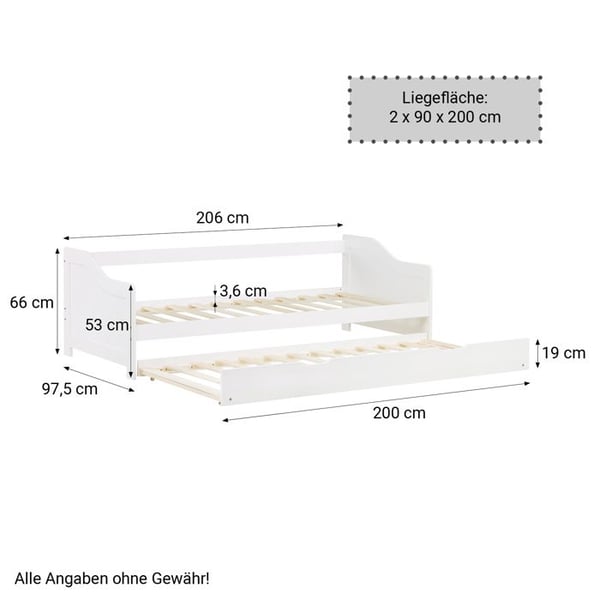 Säng i trä 90 x 200 cm, vit | konvertibel till dubbelsäng | våningssäng | med ribbotten | utdragssäng
